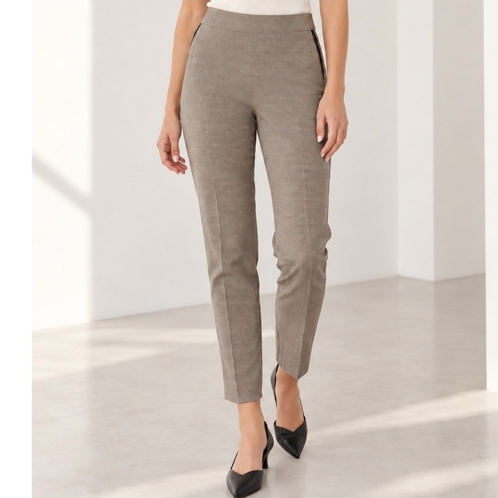 Everlane 6 Slim Trousers Brown Houndstooth Side Zip Elastic Waist Workwear Pant
